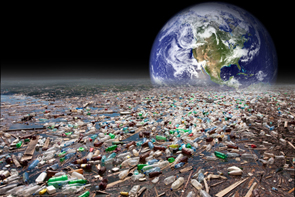 an ocean of garbage with Earth in the background