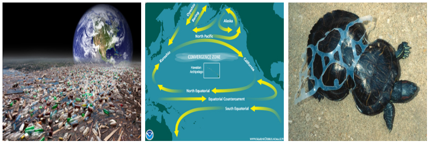 an ocean of garbage with Earth in the background