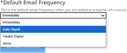 Default email frequency dropdown menu showing selection options: immediately, daily, weekly, or never.