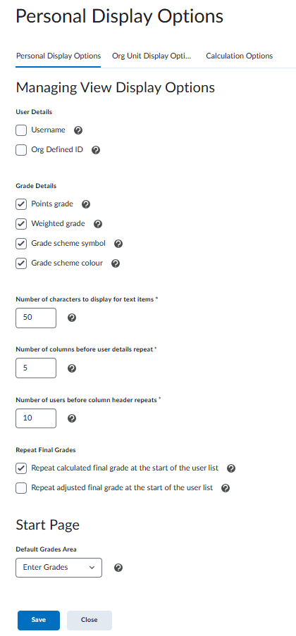 Gradebook, Personal Display Options